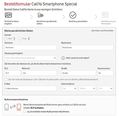 Vodafone CallYa Bestellformular